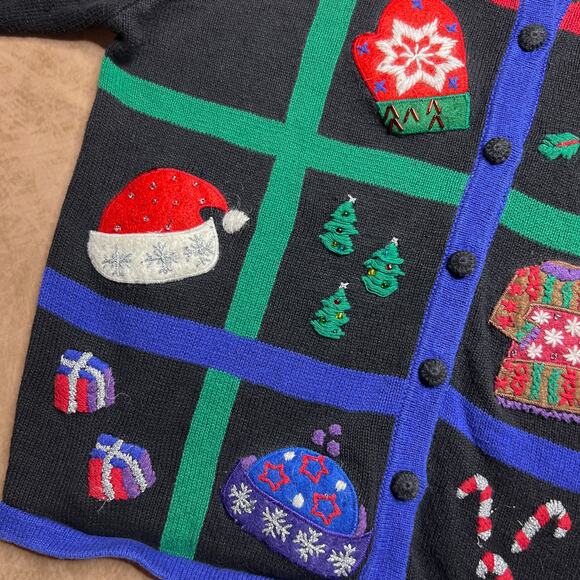 Vintage 90s Paul Harris Design Embroidered Patchwork Christmas Holiday Cardigan - Picture 2 of 8